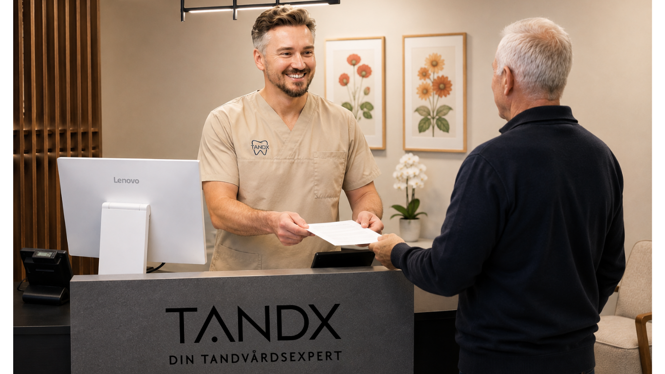 Rådgivning vid receptionen om kostnadsförslag hos Tandx i Kinna